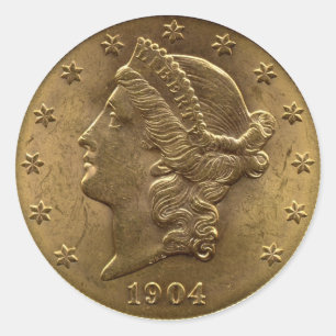 1904 Twenty Dollar Coin front (heads) or $20 money Classic Round Sticker