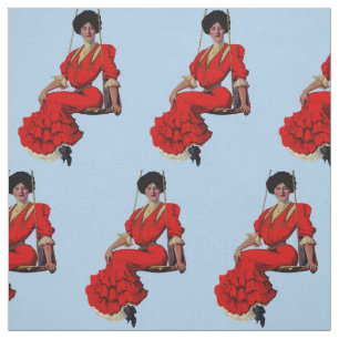1907 pretty lady on a swing print fabric