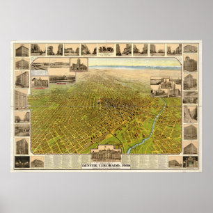 1908 Denver CO Birds Eye View Panoramic Map Poster