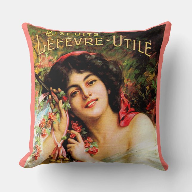 1909 pretty lady Biscuits Lefevre-Utile Cushion (Front)