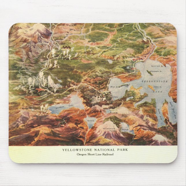 1910 Aerial View Map - Yellowstone National Park Mouse Pad (Front)
