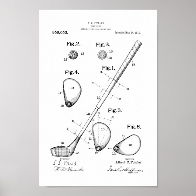1910 Vintage Golf Club Patent Art Print (Front)