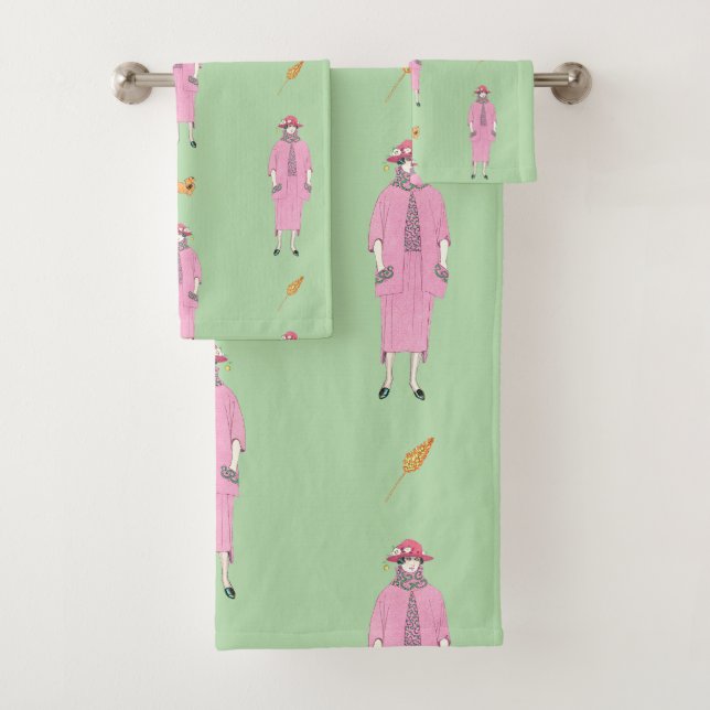 1910s Fashion Illustration Lady & Pekingese Dog Bath Towel Set (Insitu)