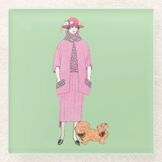 1910s Fashion Illustration Lady & Pekingese Dog Glass Coaster (Front)
