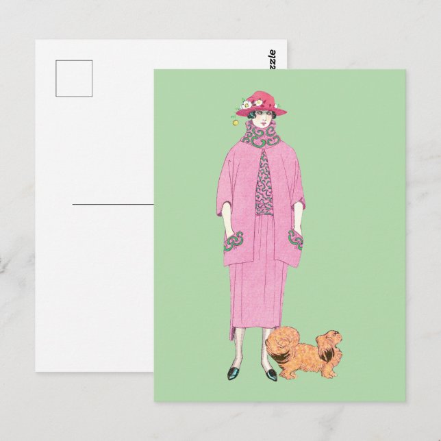 1910s Fashion Illustration Lady & Pekingese Dog Postcard (Front/Back)