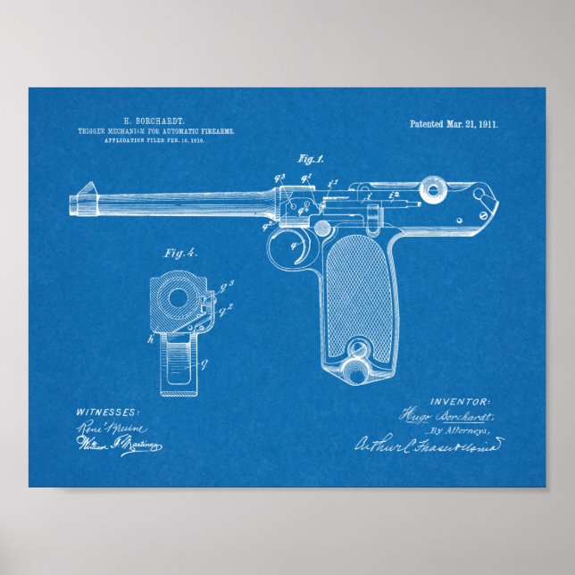 1911 Automatic Gun Patent Art Drawing Print (Front)