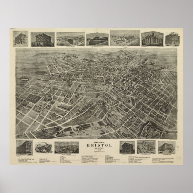 1912 Bristol, VA TN Bird's Eye View Panoramic Map Poster (Front)