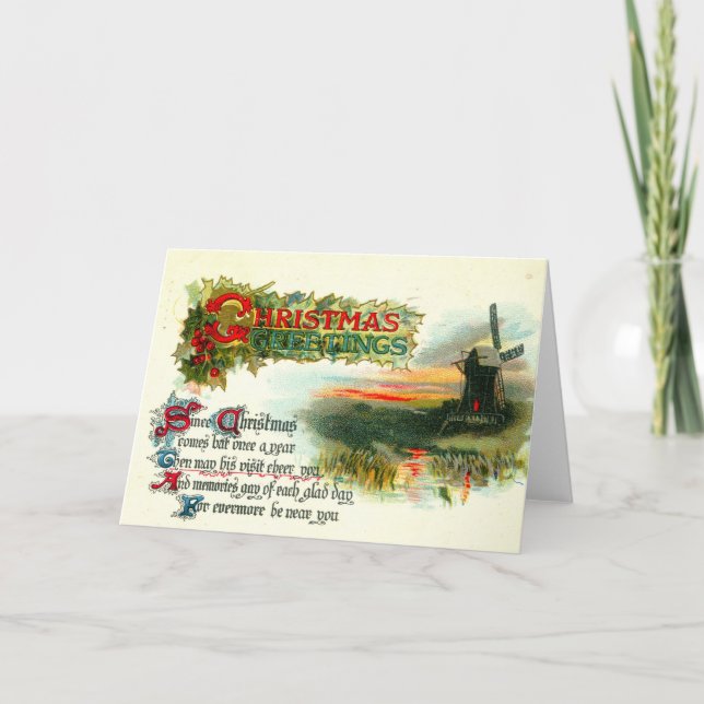 1912 Christmas Greetings Windmill Holiday Card (Front)