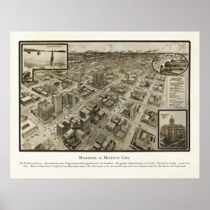 1912 Panoramic Map Birds Eye View of Houston, TX Poster