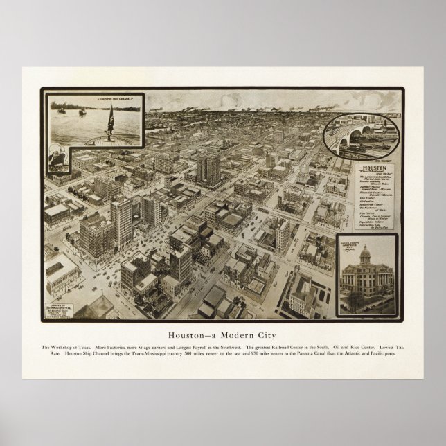 1912 Panoramic Map Birds Eye View of Houston, TX Poster (Front)