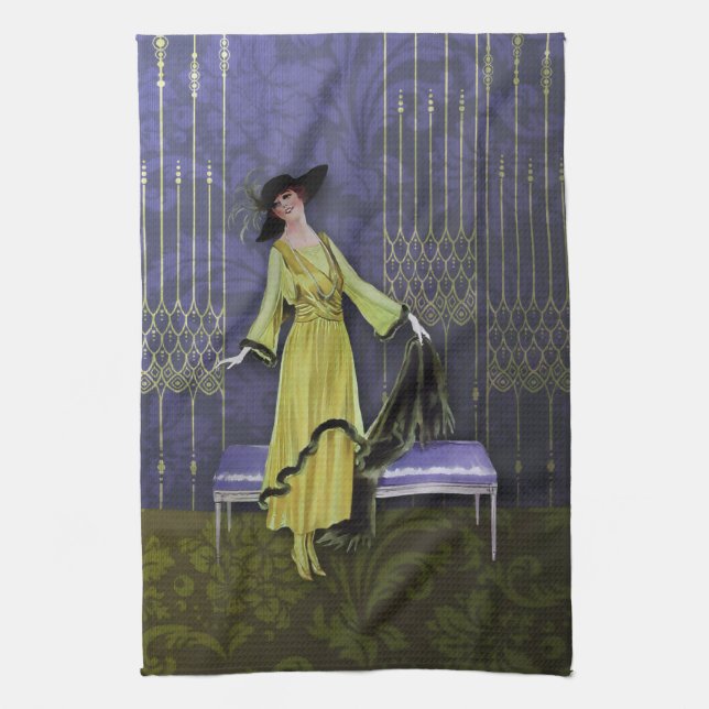 1913 LUXE: VINTAGE FASHION, Chartreuse, Periwinkle Tea Towel (Vertical)