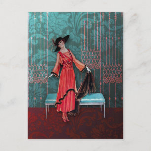 1913 Luxe: Vintage Fashion in Red and Turquoise Postcard
