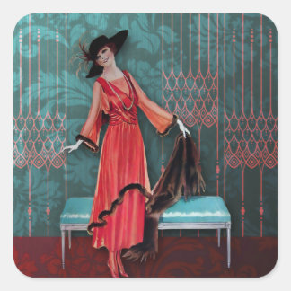 1913 Luxe: Vintage Fashion in Red and Turquoise Square Sticker