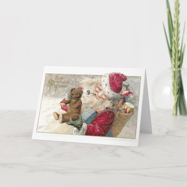 1913 Santa with Teddy Bear and Pipe Holiday Card (Front)