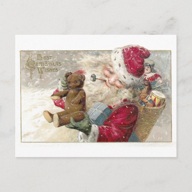 1913 Santa with Teddy Bear and Pipe Holiday Postcard (Front)
