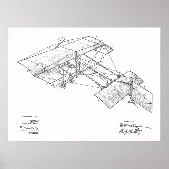 1913 Vintage Aeroplane Patent Art Drawing Print (Front)