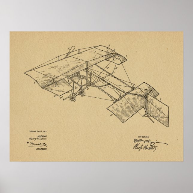 1913 Vintage Aeroplane Patent Art Drawing Print (Front)