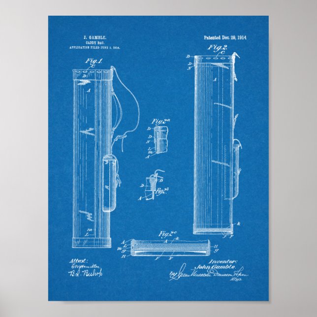 1914 Golf Caddy Club Bag Design Patent Art Print (Front)