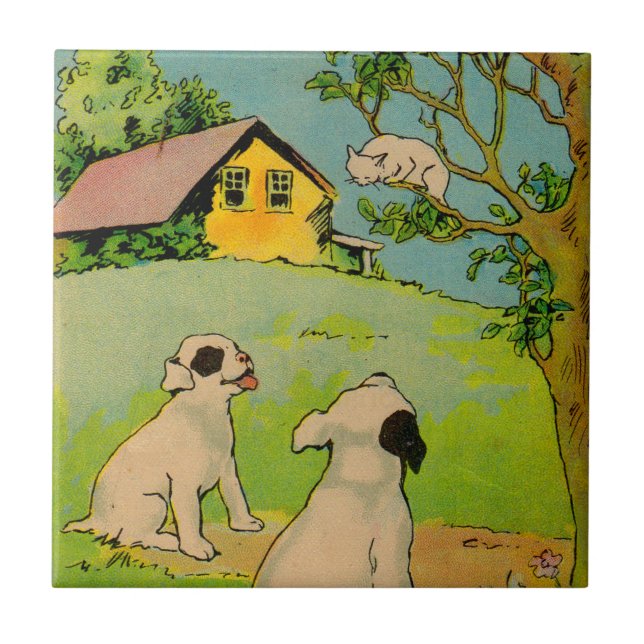 1914 two dogs and a little white cat tile (Front)