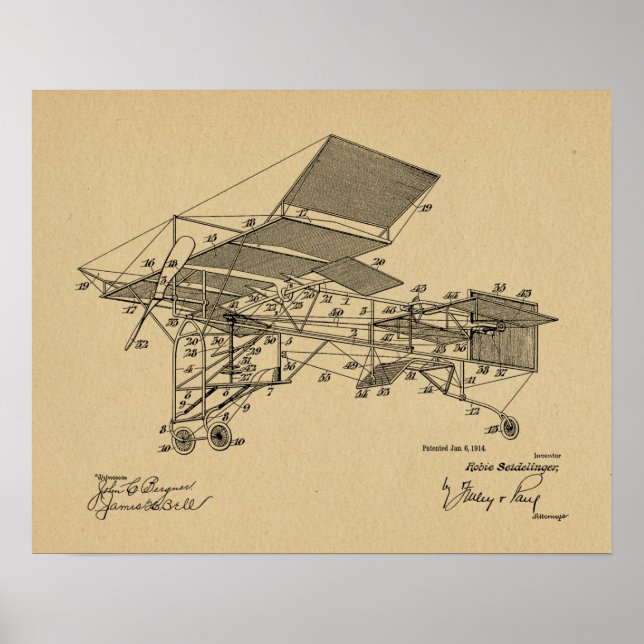 1914 Vintage Aeroplane Patent Art Drawing Print (Front)