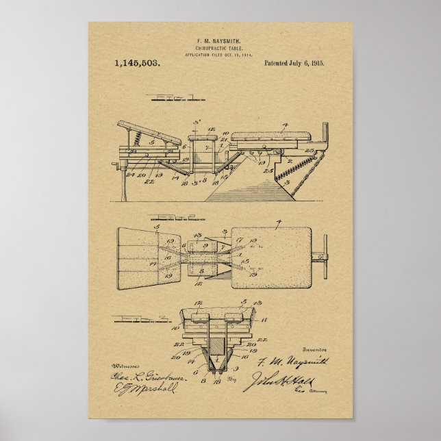 1915 Vintage Chiropractic Table Patent Art Print (Front)