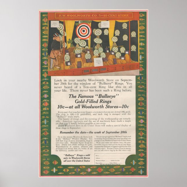 1916 Ad for Woolworth Bullseye gold filled rings Poster (Front)
