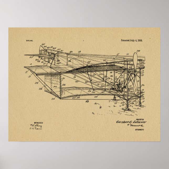 1916 Aeroplane Biplane Patent Drawing Art Print (Front)
