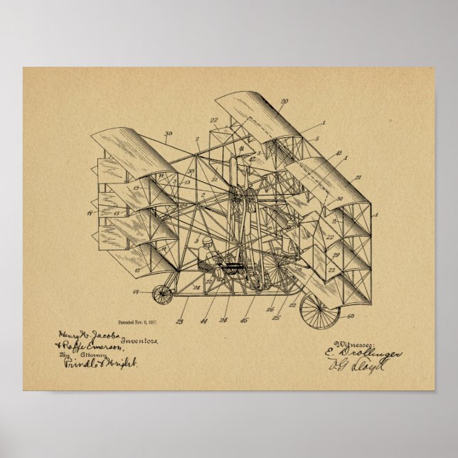 1917 Flying Machine Aeroplane Patent Art Drawing Poster (Front)