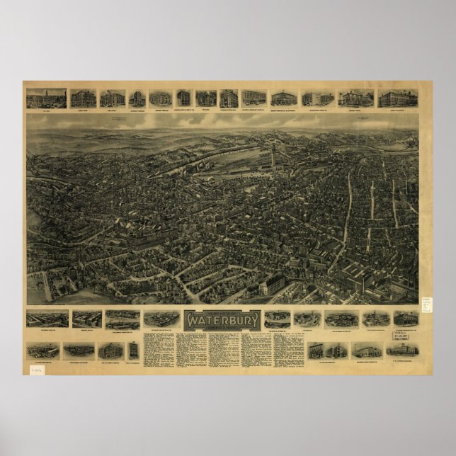 1917 Waterbury CT Birds Eye View Panoramic Map Poster (Front)