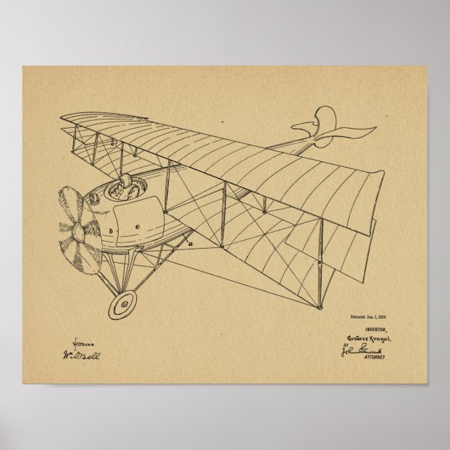 1918 Biplane Aeroplane Patent Art Drawing Print (Front)