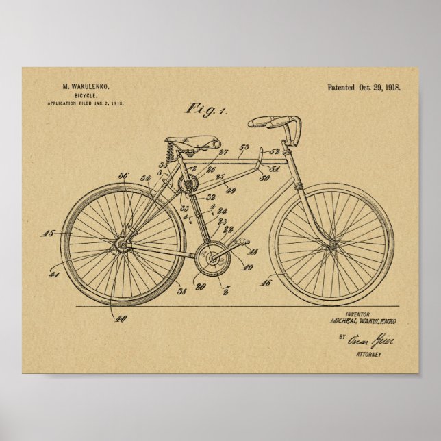 1918 Chainless Bicycle Design Patent Art Print (Front)
