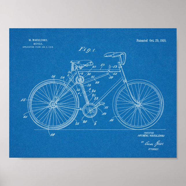 1918 Chainless Bicycle Design Patent Art Print (Front)