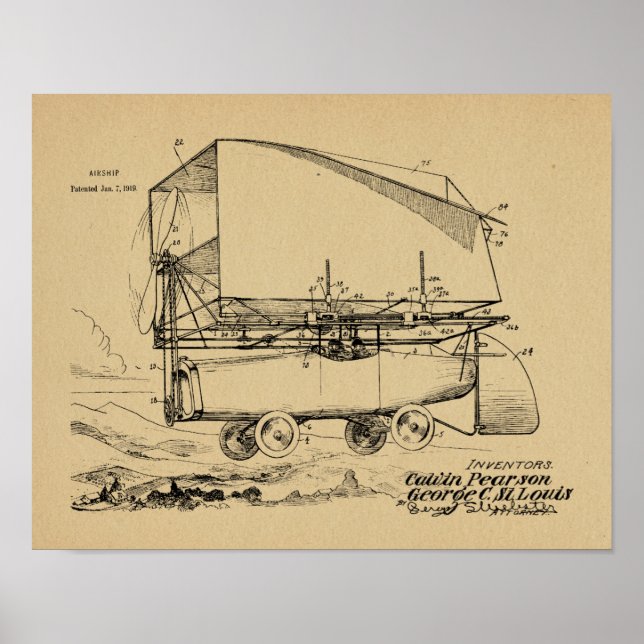 1919 Flying Car Airship Patent Art Drawing Print (Front)