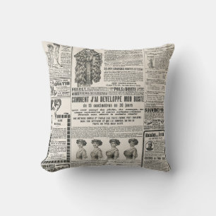 1919 Paris Fashion: Antique Newspaper Page Cushion