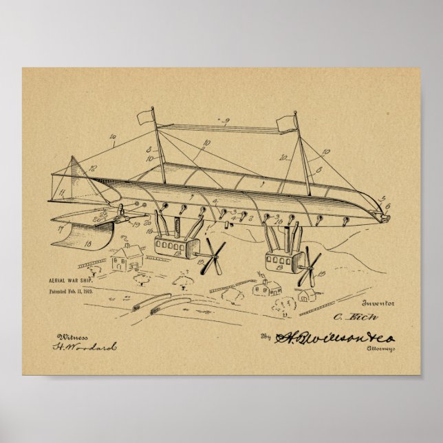 1919 War Airship Aeroplane Patent Art Drawing Poster (Front)