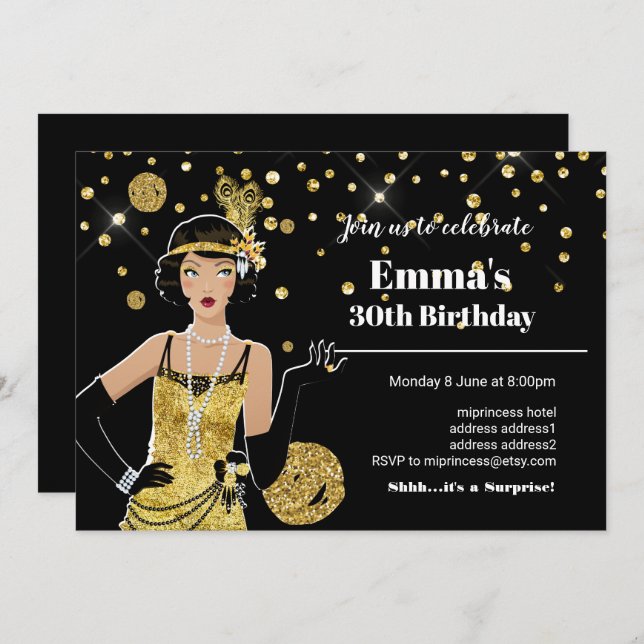 1920 flapper girl invitation, gatsby birthday invitation (Front/Back)