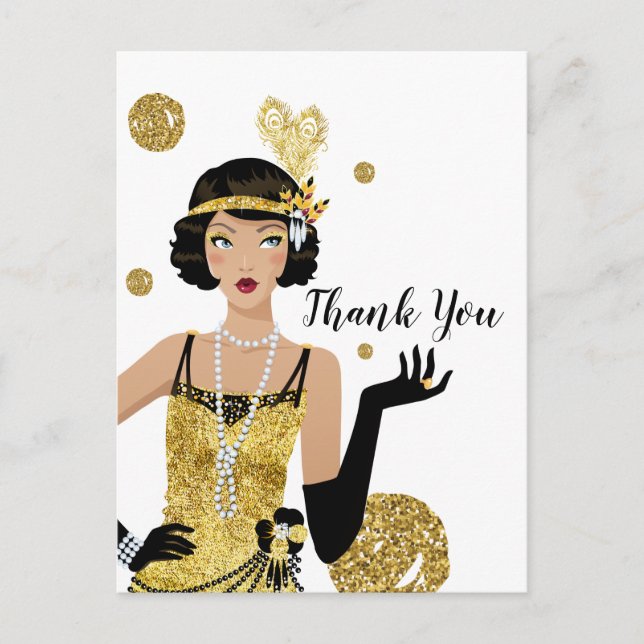 1920 flapper girl invitation, gatsby thank you invitation postcard (Front)