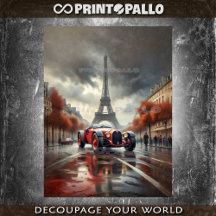 1920 sportive racing car with Tour Eiffel in Paris