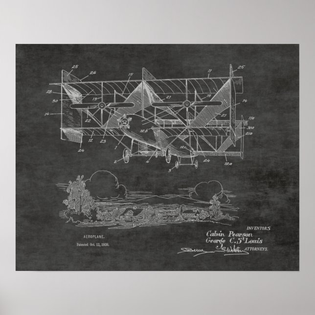 1920 Vintage Biplane Aeroplane Patent Drawing Poster (Front)