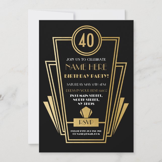 1920's Art Deco Birthday Invite Party Gold (Front)