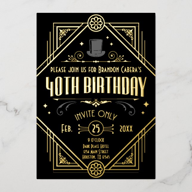 1920s Art Deco Black & Gold 40th Birthday Party (Front)