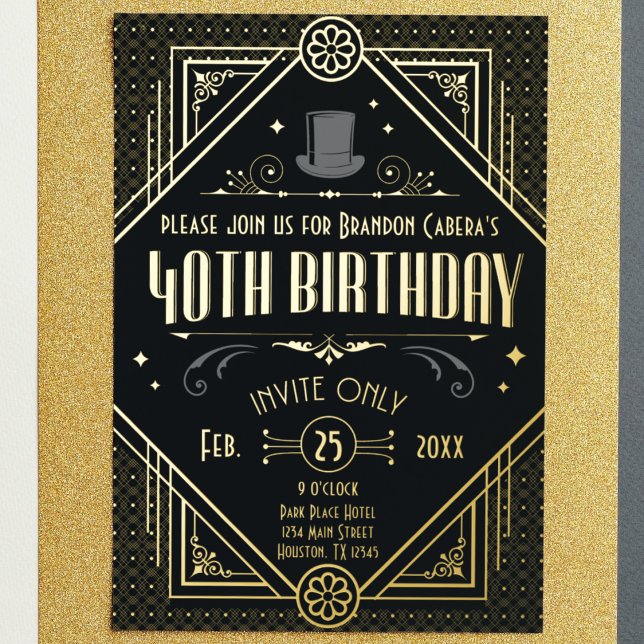 1920s Art Deco Black & Gold 40th Birthday Party (gold foil 40th birthday speakeasy 1920s Art Deco style custom bday invite cool casino real gold foil)