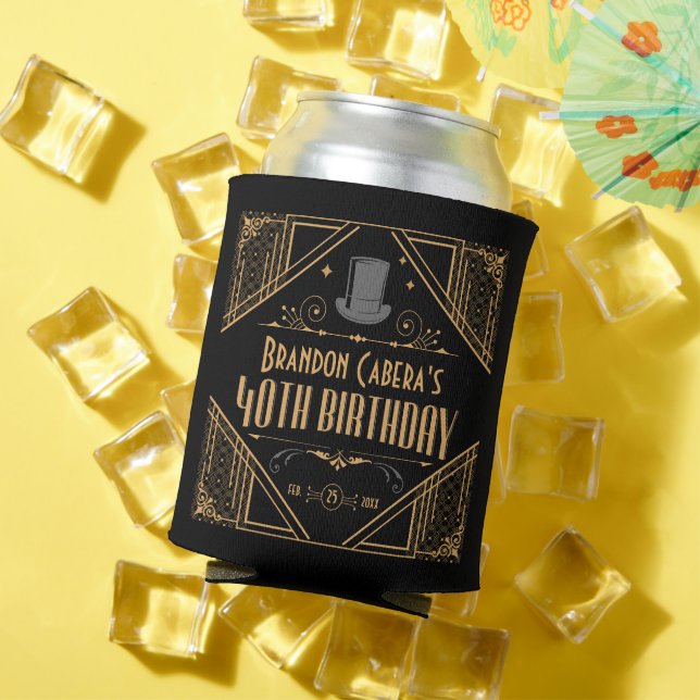 1920s Art Deco Black & Gold 40th Birthday Party Can Cooler (In Situ Summer)