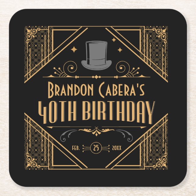 1920s Art Deco Black & Gold 40th Birthday Party Square Paper Coaster (Front)