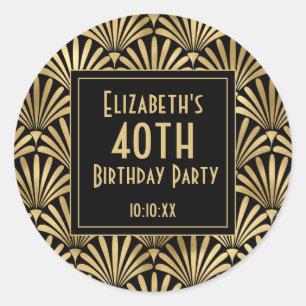1920's Art Deco Black Gold Birthday Party Classic Round Sticker