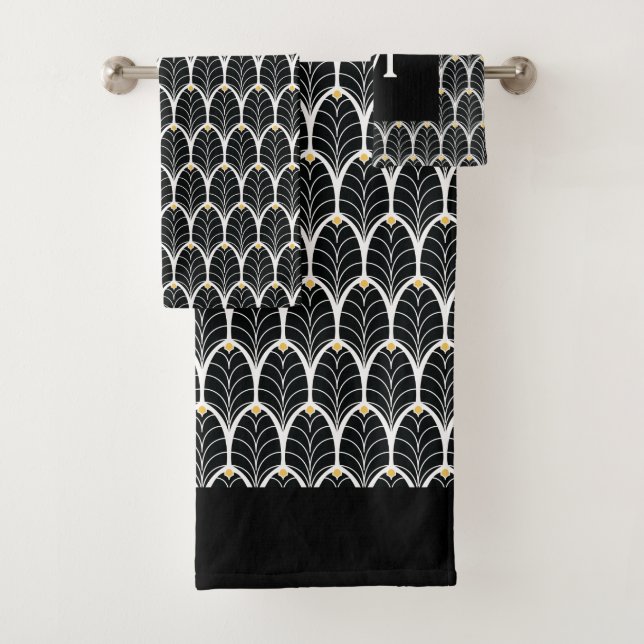 1920s Art Deco Black & White Leaves Bath Towel Set (Insitu)