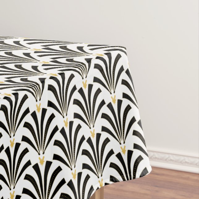 1920s Art Deco Black & White Palmettos Tablecloth (In Situ)