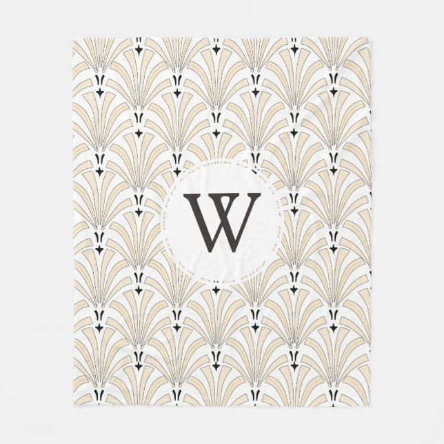 1920s Art Deco Classy Cream & Black Palmettos Fleece Blanket (Front)