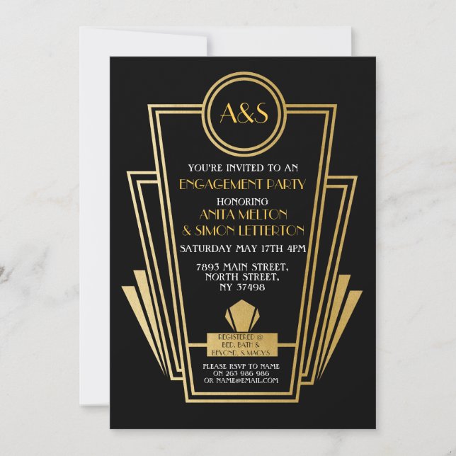 1920s Art Deco Engagement Party Invite Gatsby Gold (Front)