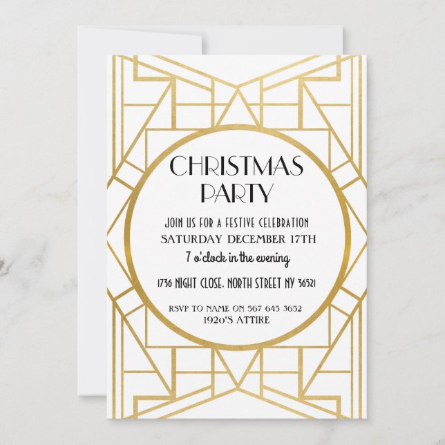 1920's Art Deco Gatsby 20s Christmas Party Gold Invitation (Front)